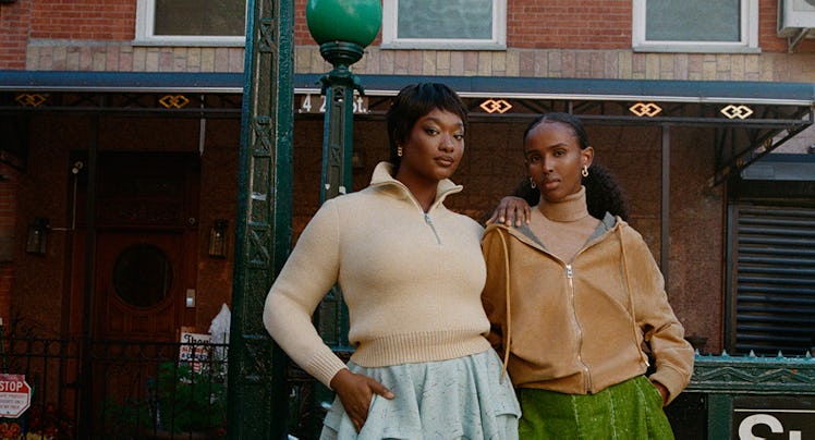 From left: Grace Brown wears a Bottega Veneta sweater, skirt, and sandals; Pomellato earrings. Ifrah...