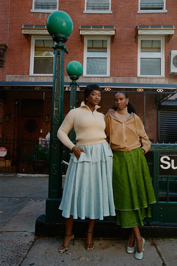 From left: Grace Brown wears a Bottega Veneta sweater, skirt, and sandals; Pomellato earrings. Ifrah...