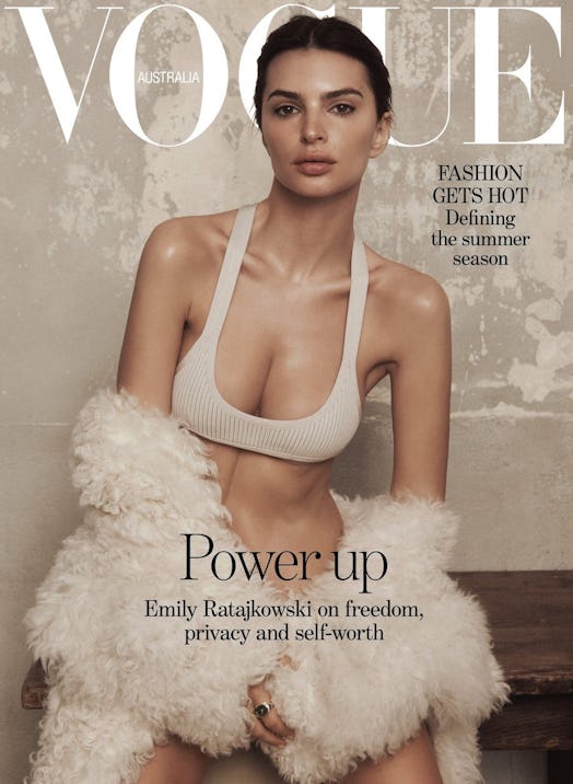 Emily Ratajkowski wore a ribbed bra and fuzzy coat on the Vogue Australia cover