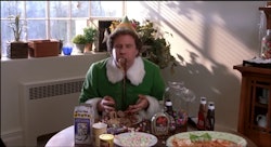 movie flip of buddy the elf from elf making spaghetti with maple syrup, chocolate, and candy