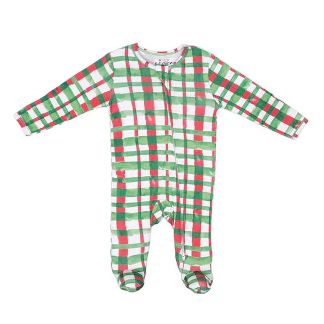 red and green plaid footie pajama, cute christmas pajamas for babies
