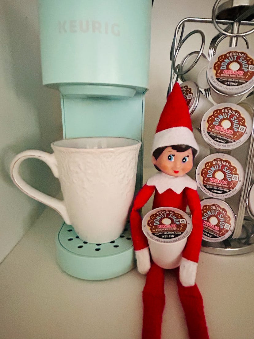 last minute elf on the shelf idea: making coffee by the keurig