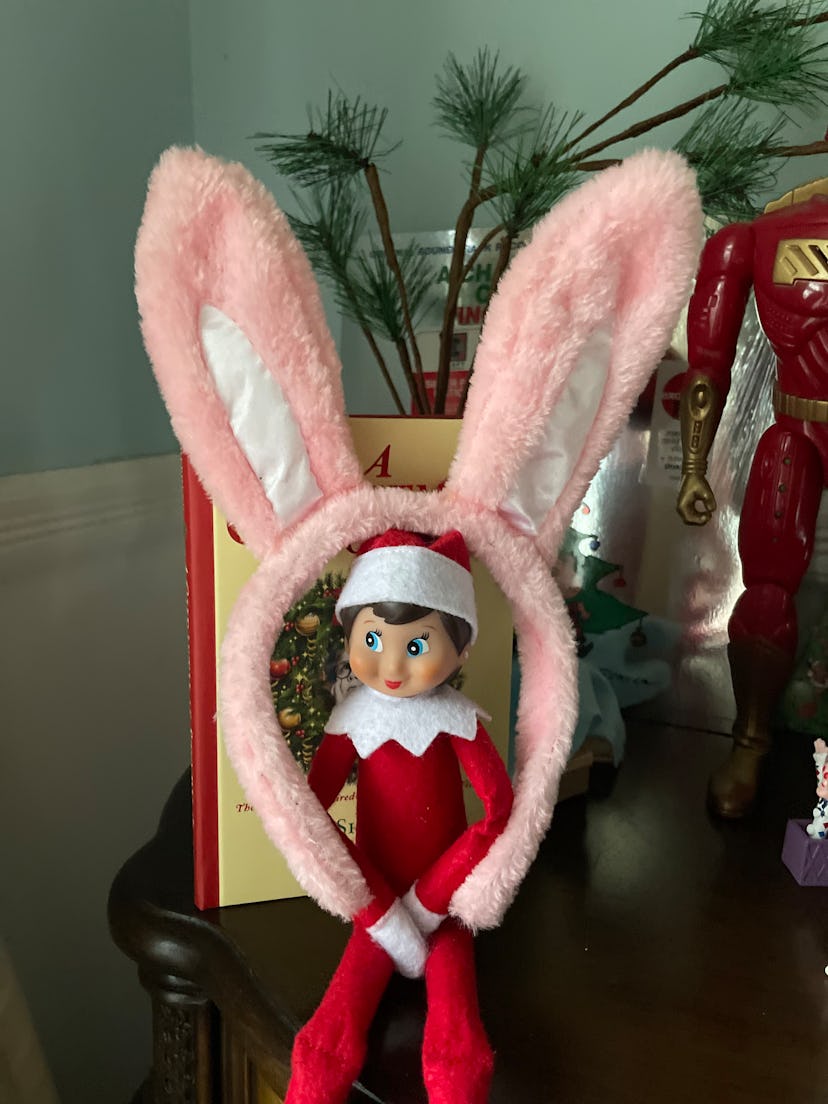 last minute elf on the shelf idea: wearing bunny ears