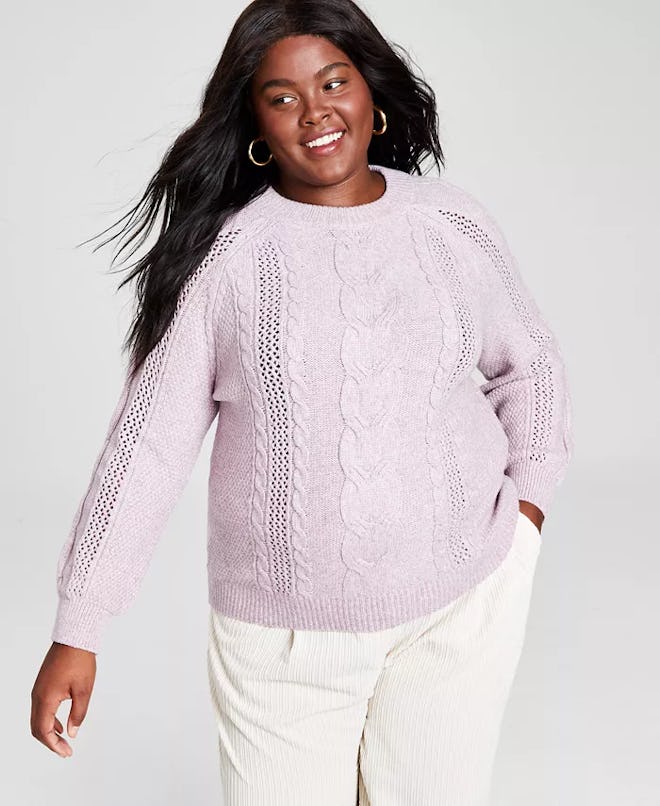Trendy Plus Size Mixed-Knit Crewneck Sweater
