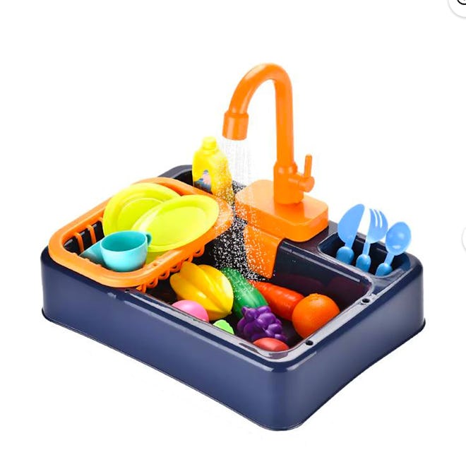 19 Piece Kids Kitchen Sink Play Set With Running Water
