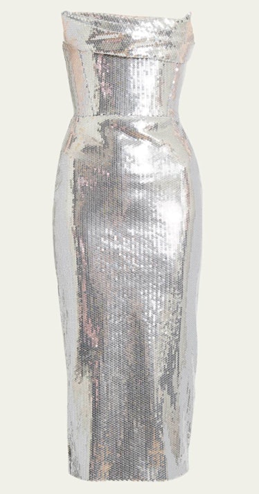 silver strapless sheath sequin dress