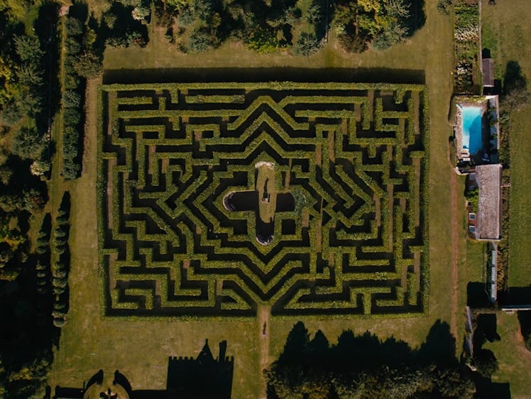 The labyrinth — and the statue at the center — on Saltburn estate.