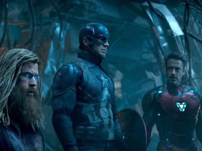 Thor (Chris Hemsworth), Captain America (Chris Evans), and Iron Man (Robert Downey Jr.) in Avengers:...