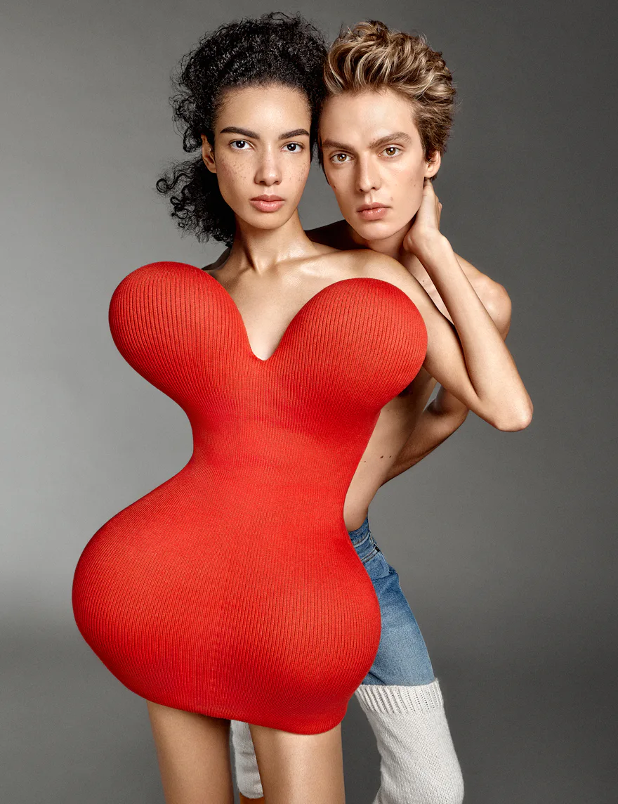 Elise Kouzou and Leon Dame wear Duran Lantink clothing throughout.