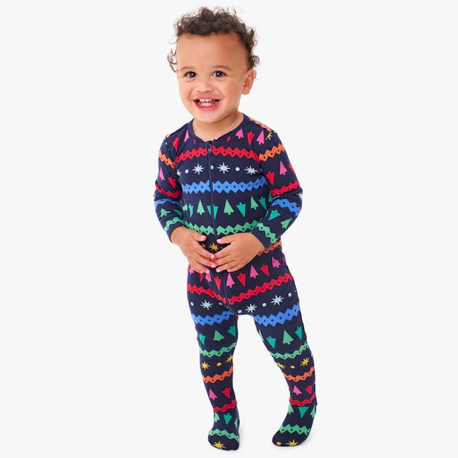 Baby Organic Zip Footie in Festive Fair Isle, baby and dog matching Christmas pajamas