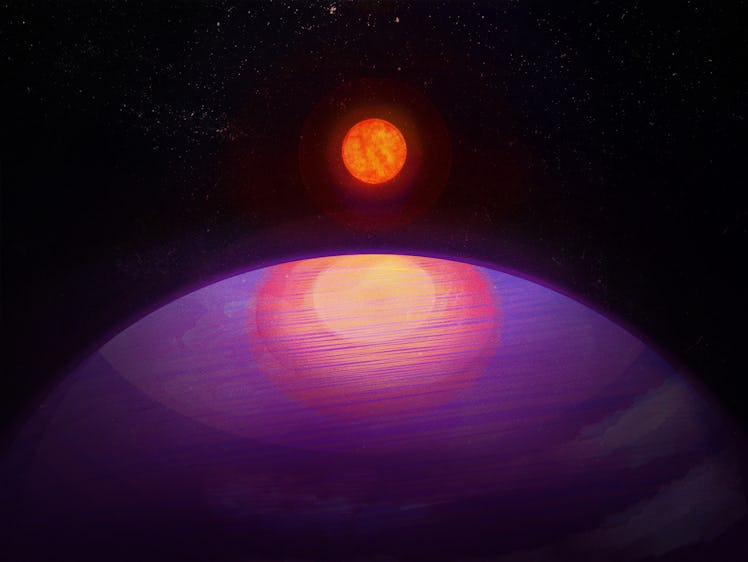illustration of a purple planet, with a reddish star in the background, against a black backdrop