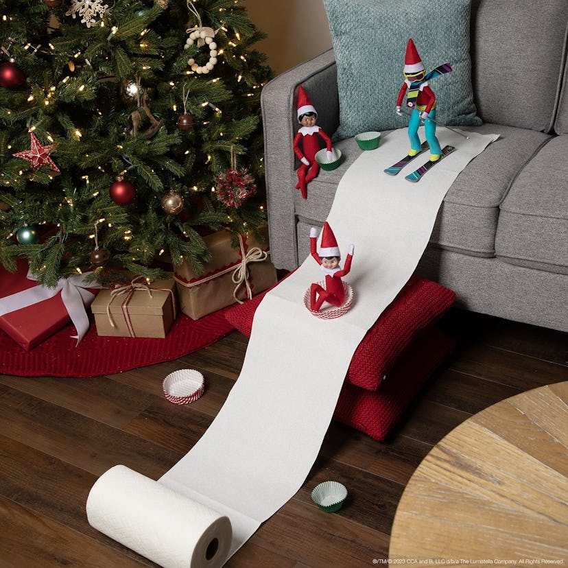 lazy Elf on the Shelf idea: toilet paper snow hill 