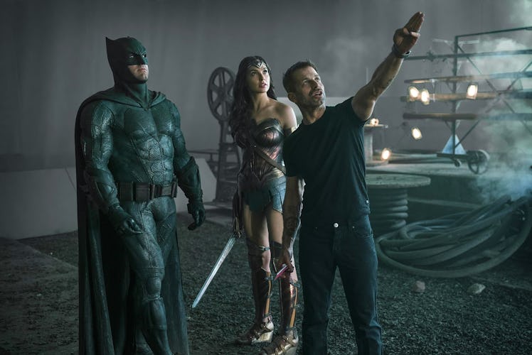 Ben Affleck, Gal Gadot, and Zack Snyder behind the scenes of Justice League