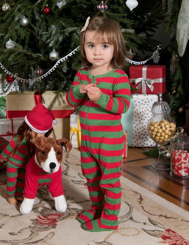 Kid's Footed Cotton Red & Green Stripes Pajamas, matching baby and dog christmas pajamas