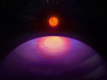 a purple planet with a reddish star in the background against a black backdrop