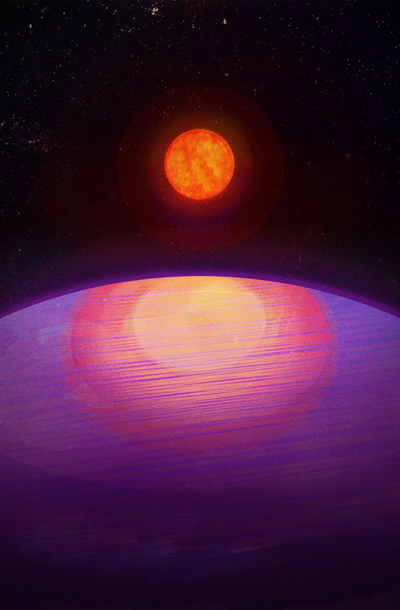 a purple planet with a reddish star in the background against a black backdrop