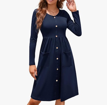OUGES Button Down Skater Dress with Pockets