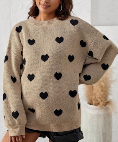 cute halloween thanksgiving outfit Maternity Heart Pattern Drop Shoulder Sweater