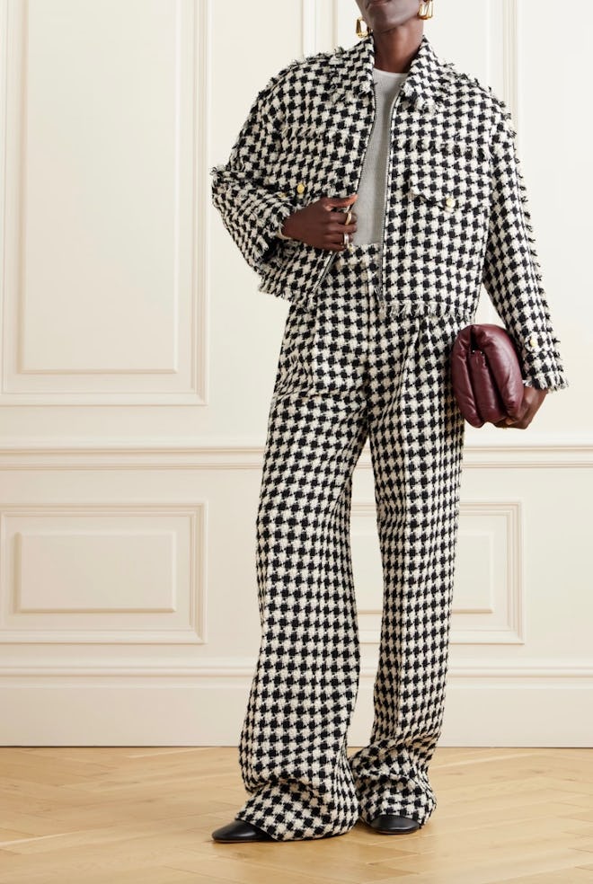 Frayed Padded Gingham Cotton-Blend Tweed Bomber Jacket