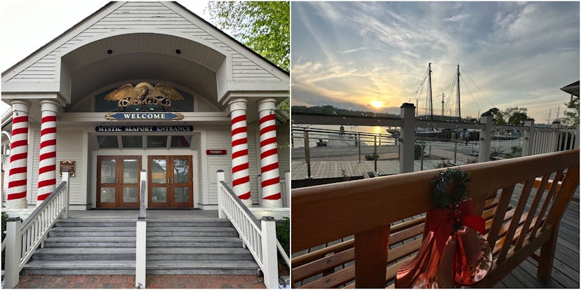 Photos of the Mystic Seaport building and Mystic River in Mystic, Connecticut.