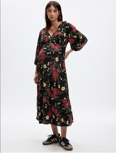 cutest thanksgiving maternity dress: Maternity Ruffle Midi Dress from Gap 