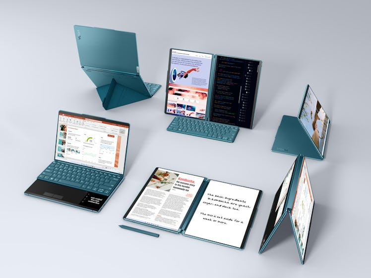 Various configurations of the Yoga Book 9i, folded like a laptop, a notebook, and a dual monitor set...