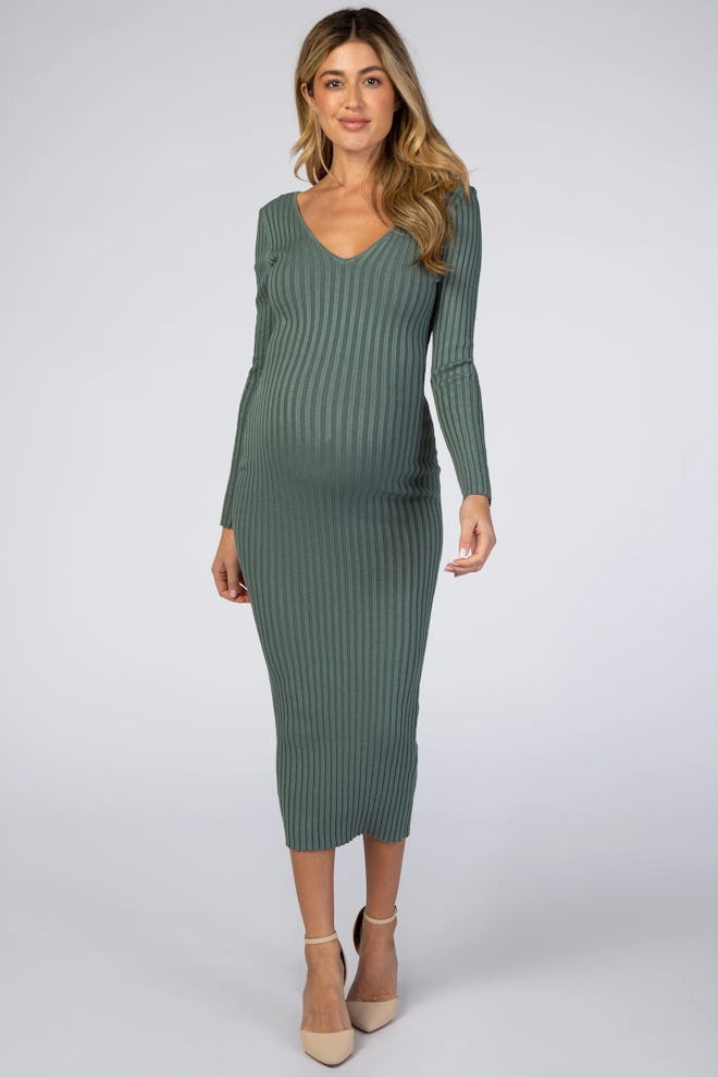 cutest thanksgiving maternity dress pink blush Olive V-Neck Fitted Maternity Dress 