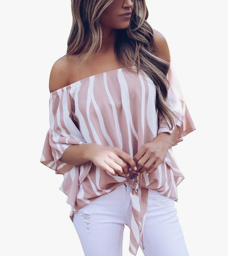 Asvivid Printed Off-The-Shoulder Tie-Knot Blouse