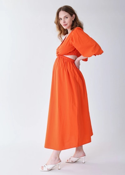 cutest fall maternity dress for thanksgiving:  bright orange tango dress from ingrid and isabel
