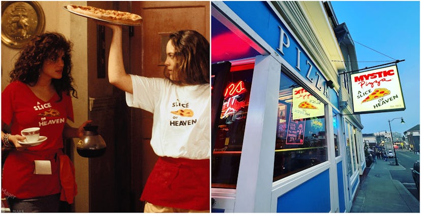 A scene from the 1988 film 'Mystic Pizza,' and the real-life Mystic Pizza restaurant today.