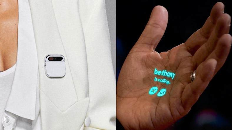 A model wearing the Humane Ai Pin at the Coperni show during Paris Fashion Week 2023.