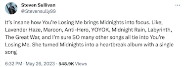 Screenshot of a tweet about 'Midnights' being a breakup album