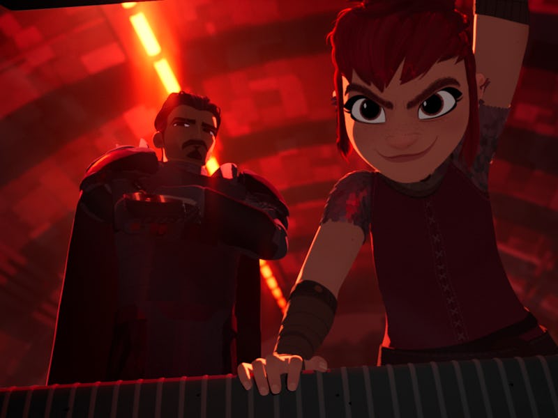 Ballister Boldheart (Riz Ahmed) and Nimona (Chloe Grace Moretz) in Nimona