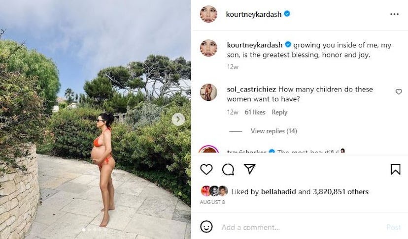 Kourtney Kardashian shows off her baby bump before giving birth to first child with Travis Barker.