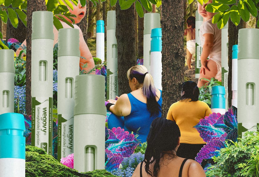 Anonymous women and infants sit amid a conceptual forest of semaglutide injectable pens.
