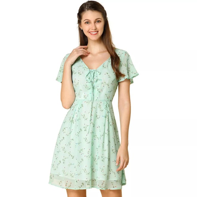 Floral Printed Short Sleeve Lace-up Chiffon Dress