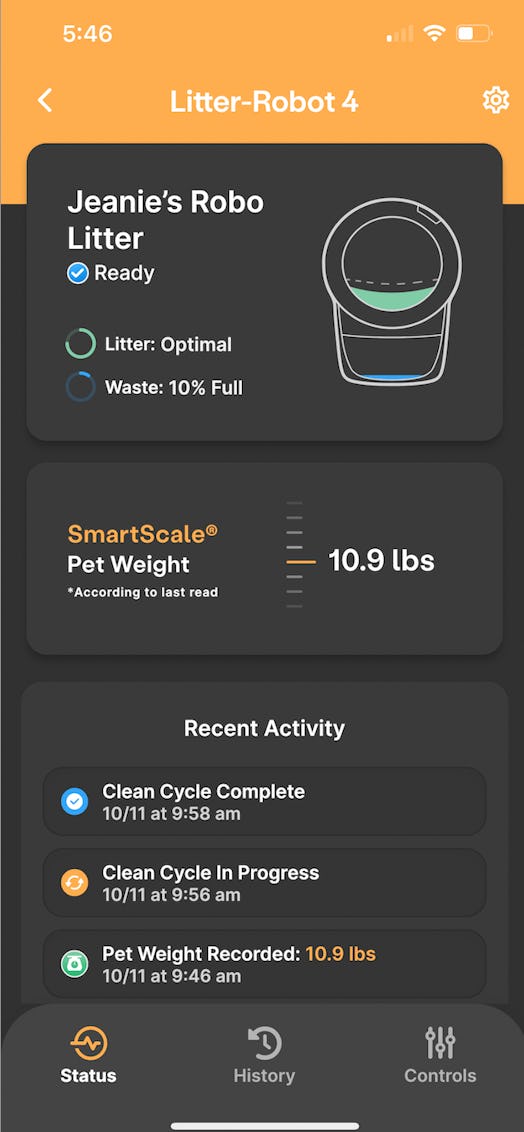 Litter-Robot 4 app interface showing status of box, pet weight, time of cleaning cycle