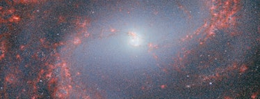 image of a spiral galaxy, glowing bright blue-white at the center, with reddish tendrils of gas trac...