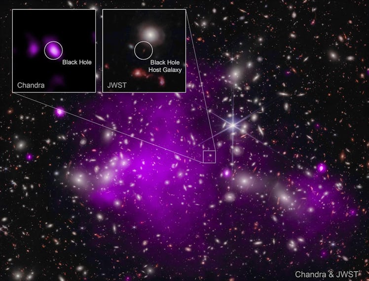 Purple smudges reveal hot gas within a cluster of galaxies. Many galaxies shine like a clutch of pea...
