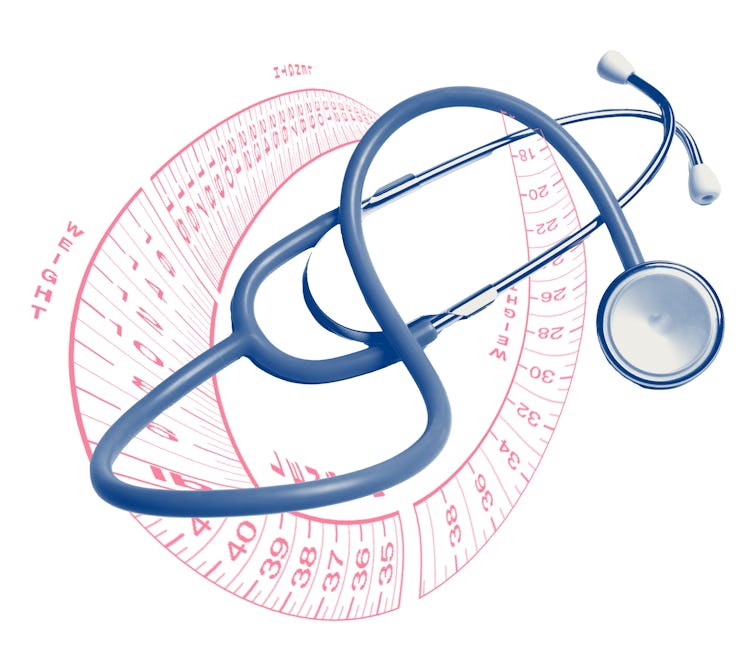 A composite image of a stethoscope and a tape measure.