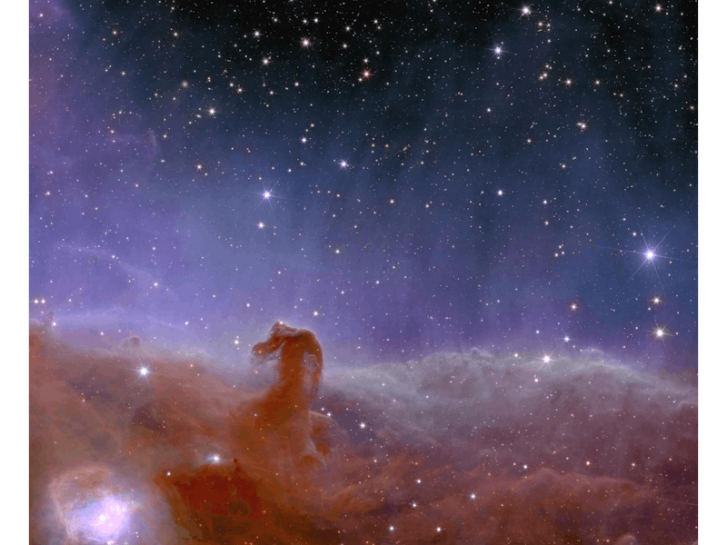 This square astronomical image is divided horizontally by a waving line between a white-orange cloud...