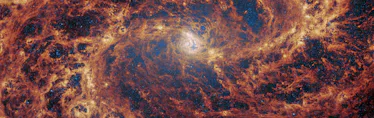 photo of a galaxy; a scaffolding of yellow and orange spirals outward on a black background
