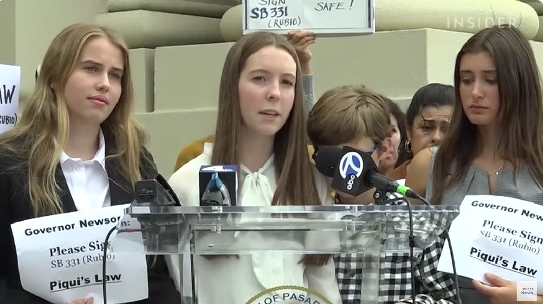 Maya and Sebastian Laing speak in support of Piqui's Law in Pasadena, California earlier this year.