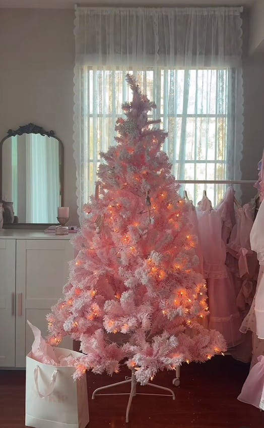 A pre-lit Christmas tree is a Barbiecore holiday hack from TikTok. 