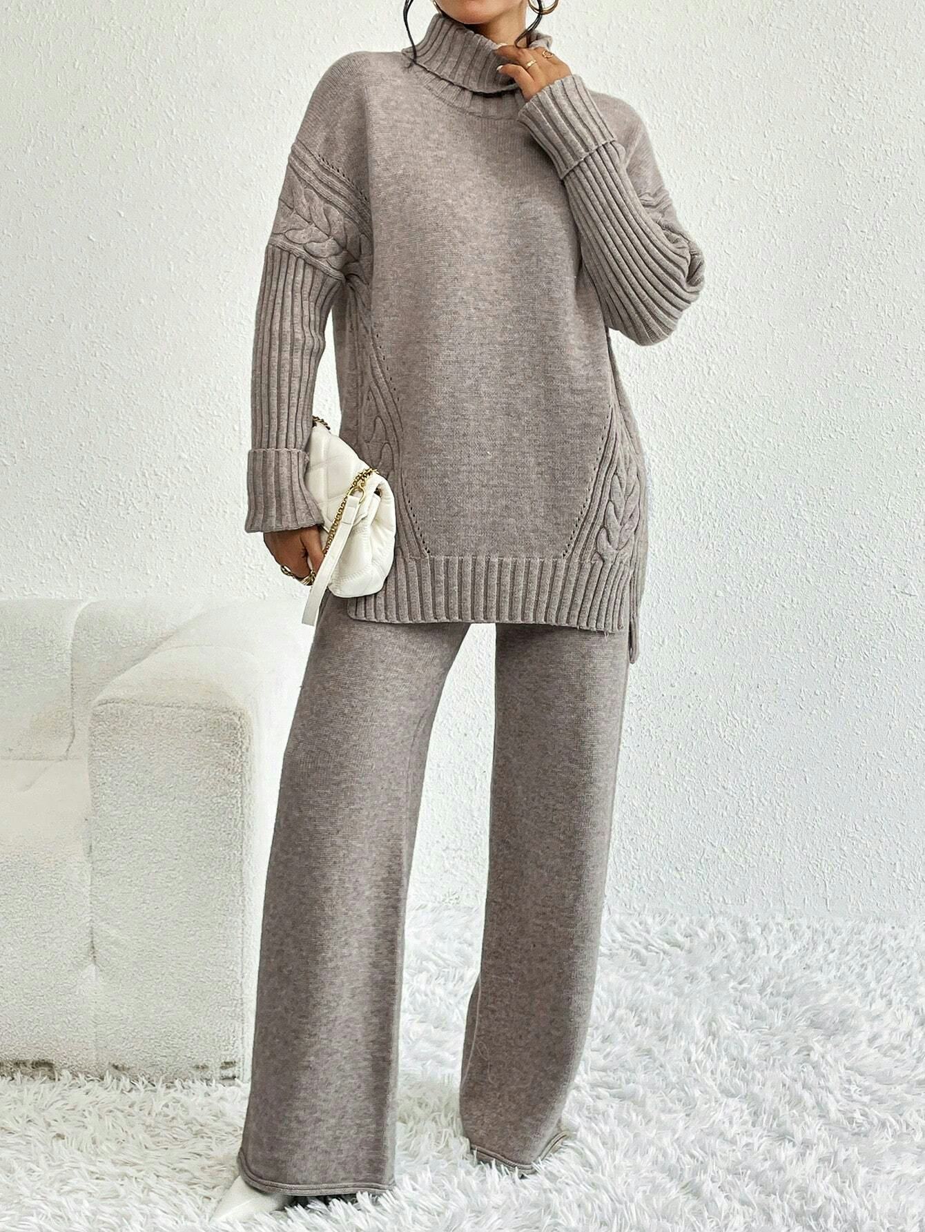Privé Turtleneck Drop Shoulder Split Hem Sweater &amp; Knit Pants