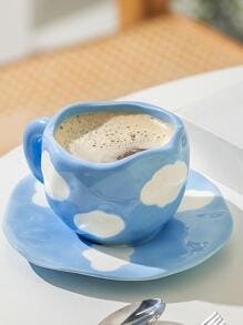 1pc Cloud Pattern Cup And 1pc Saucer, Creative Blue Porcelain Coffee Cup For Home