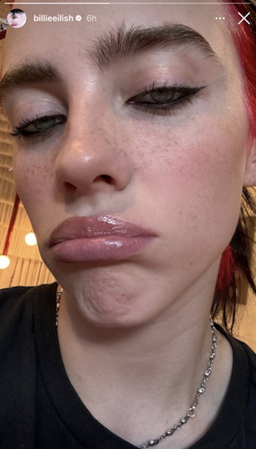 Billie Eilish takes to her Instagram stories to share her siren-eyed, faux-freckled makeup.