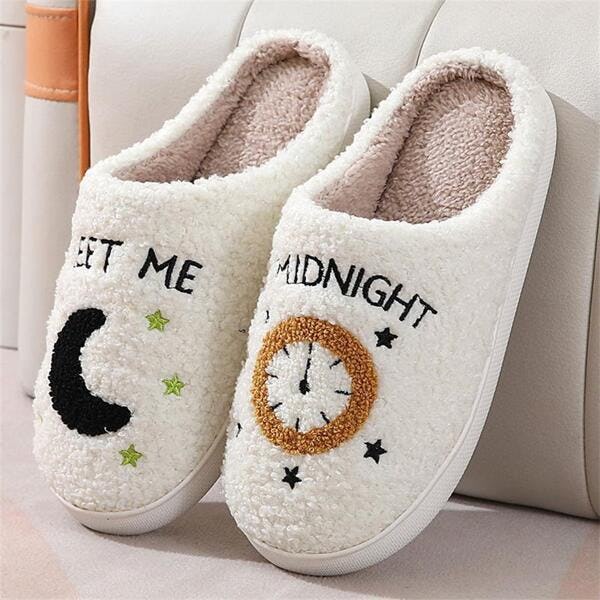 Moon And Clock Pattern Indoor Slippers With Cartoon Design For Bedroom
