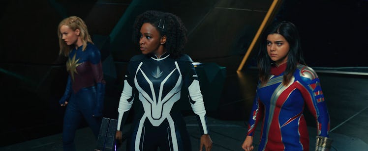 Captain Marvel (Brie Larson), Monica Rambeau (Teyonah Parris), and Ms Marvel (Iman Vellani) in The M...