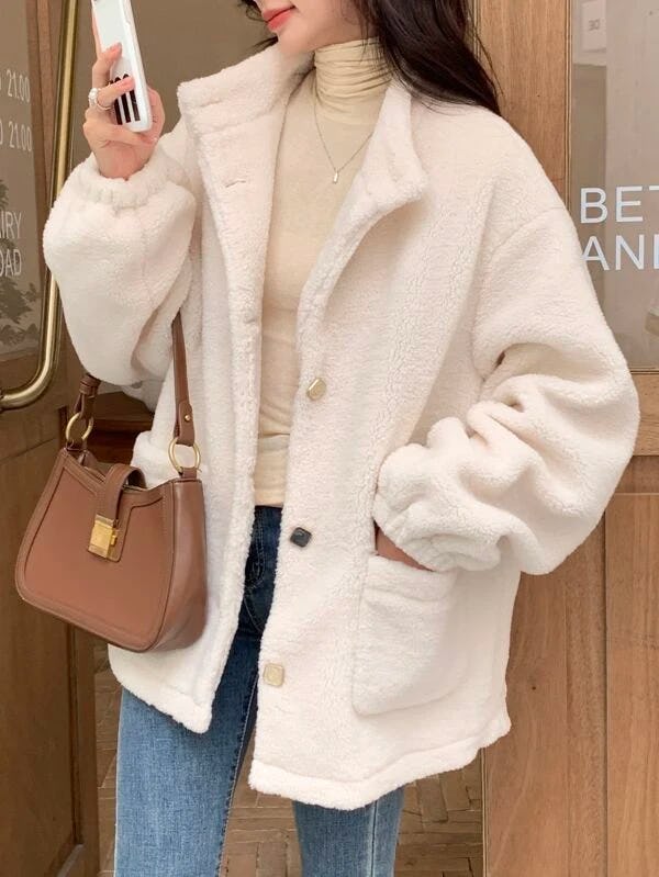 DAZY Kpop Drop Shoulder Pocket Patched Teddy Coat